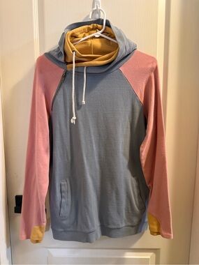 AMPERSAND AVE Gray, Pink & Yellow  “DoubleHood” Sweatshirt